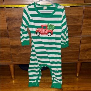 Green & White Striped Baby One-Piece with Red Truck Applique